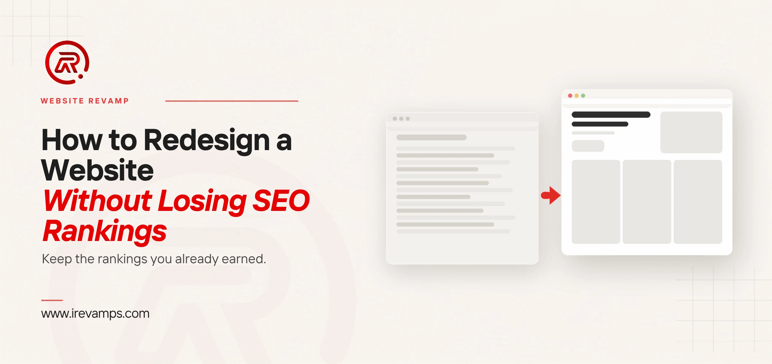 A faded old page and a red arrow carrying its standing across to the redesigned page beside it