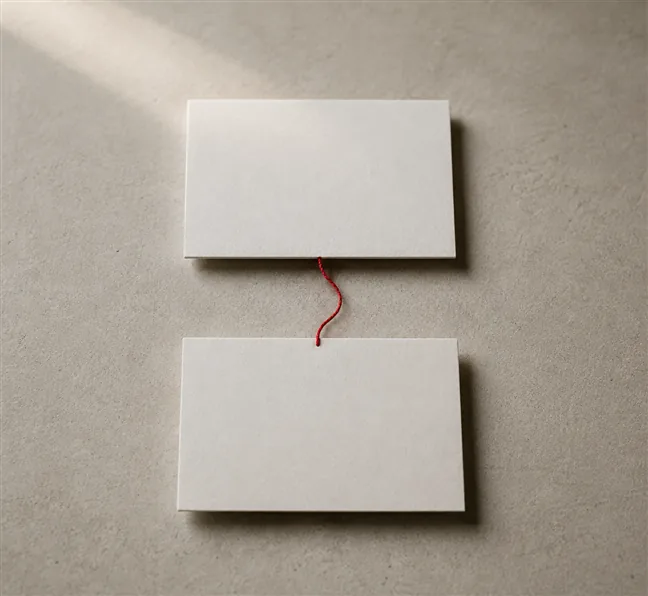How to Redesign a Website Without Losing SEO Rankings 4 Two paper cards on a desk, one above the other, joined by a single scarlet arc curving from the top card down to the lower card