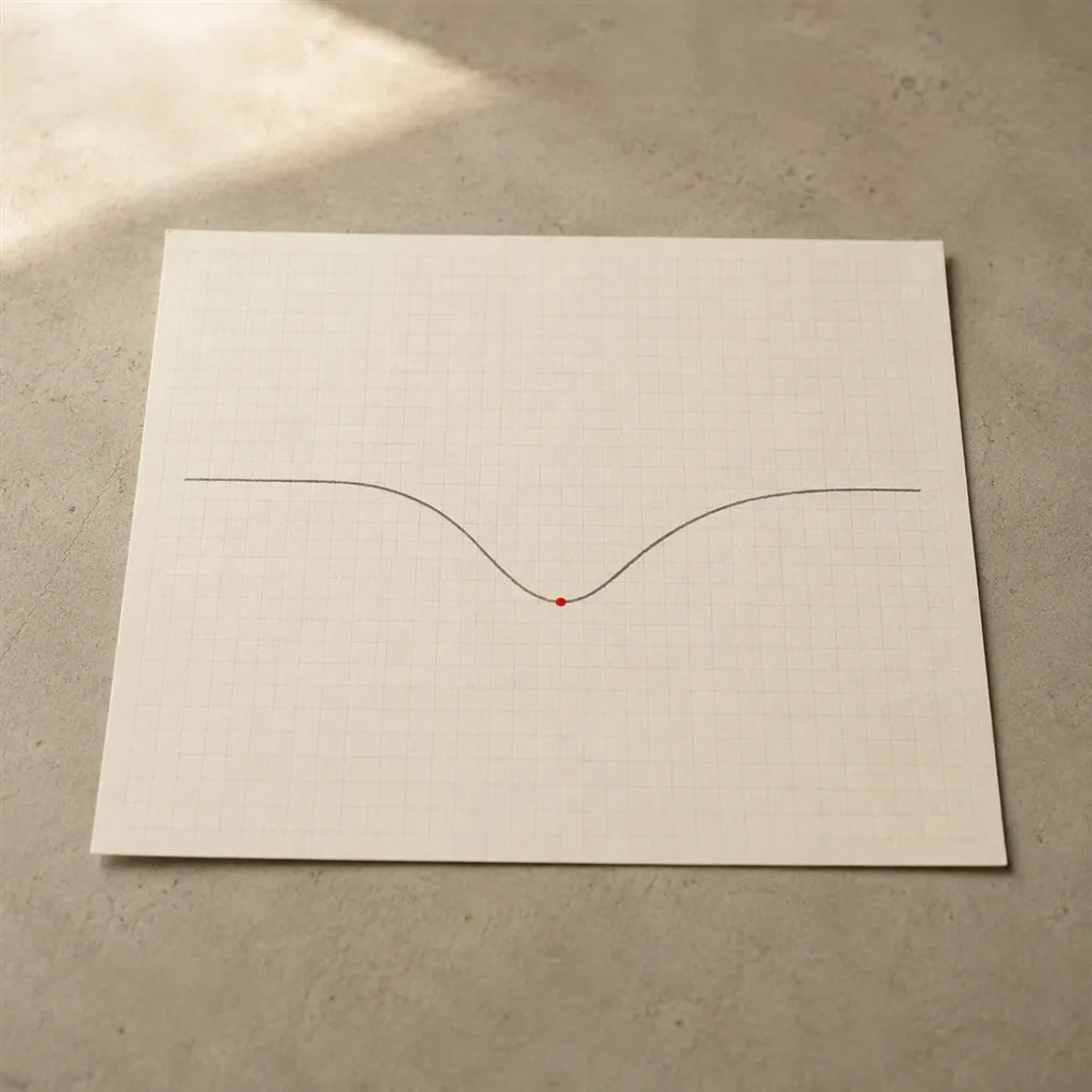 How to Redesign a Website Without Losing SEO Rankings 6 A sheet of paper on a desk with a plotted grey line that dips and then recovers, a single scarlet dot marking the lowest point