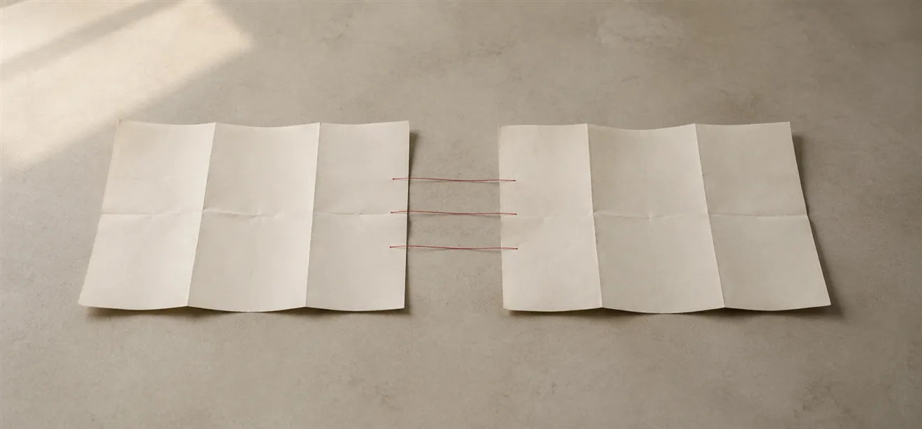 Redesign website without losing SEO: two folded paper maps side by side on a desk, matching points joined by scarlet thread