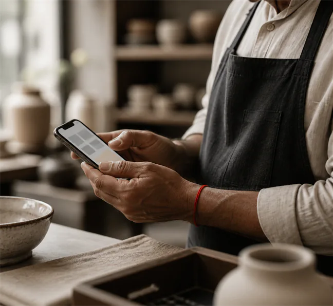 Shopkeeper holding phone at counter