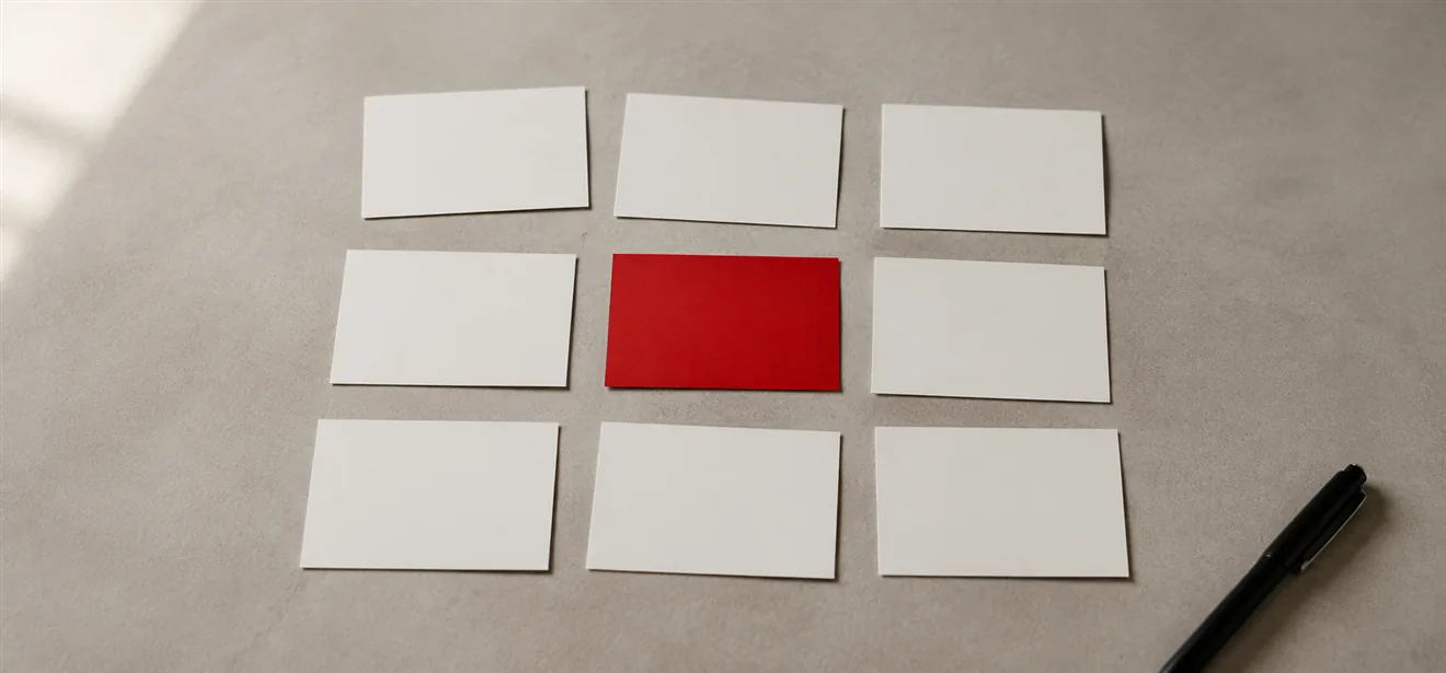 Nine blank paper cards laid out in a grid on a desk with one scarlet card among them, an illustration of the signs your website needs a redesign