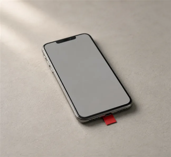 9 Signs Your Business Website Needs More Than a Small Refresh 4 A smartphone lying face up on a desk showing a blank screen, with a small scarlet paper tab resting on its lower edge