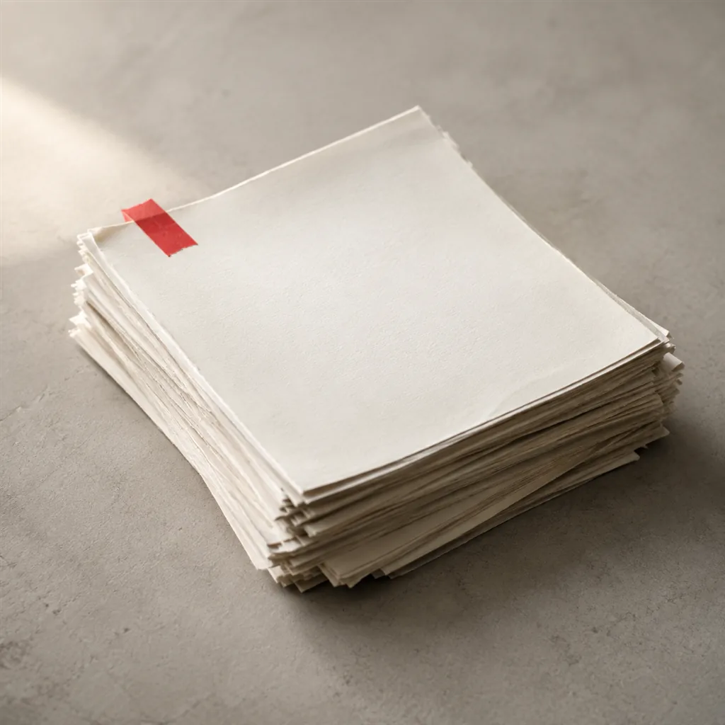 9 Signs Your Business Website Needs More Than a Small Refresh 6 A leaning stack of blank paper sheets on a desk, held together at one corner by a strip of scarlet tape