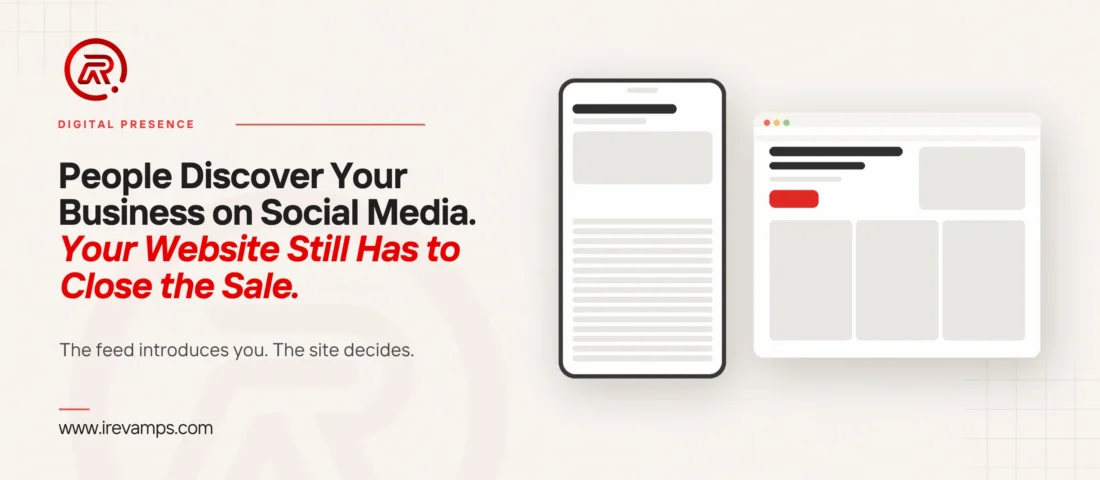 A phone showing a social post beside a website page carrying the enquiry action in red