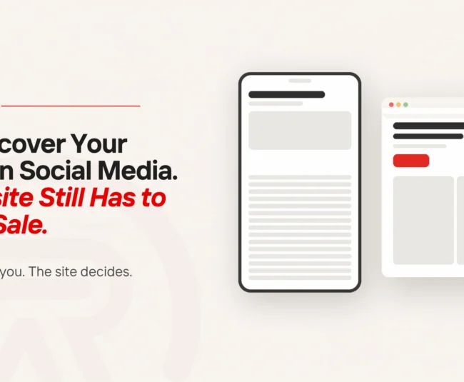 A phone showing a social post beside a website page carrying the enquiry action in red