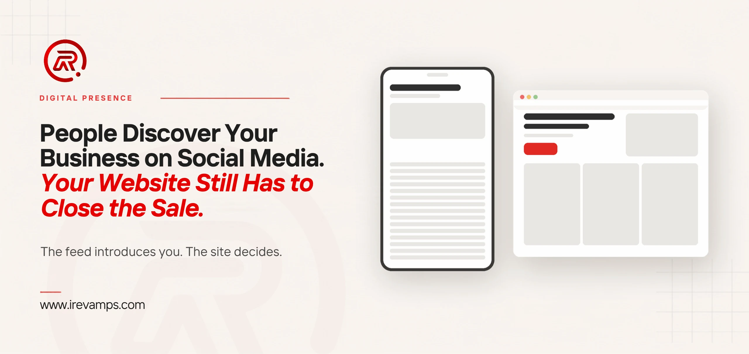 A phone showing a social post beside a website page carrying the enquiry action in red