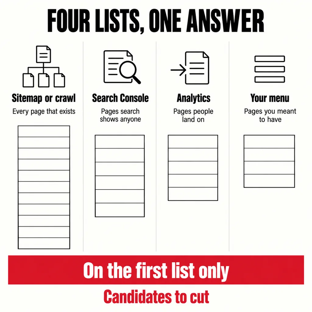 Your Website Has Too Many Pages. Which Ones Should Go? 6 A labelled square diagram headed FOUR LISTS, ONE ANSWER with four columns marked Sitemap or crawl, Search Console, Analytics and Your menu, each under a short caption, and a scarlet band across the foot reading On the first list only