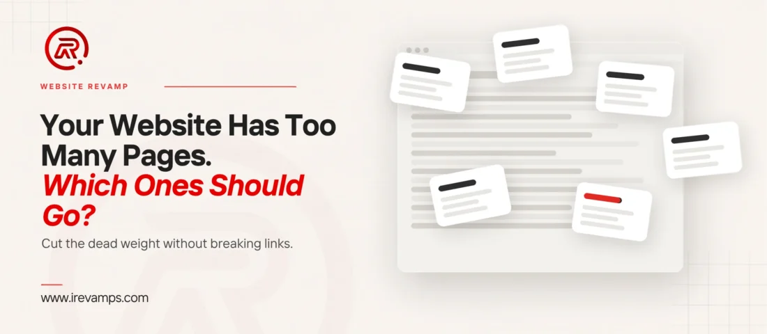 Too many pages on website title card with a flat illustration of a pale website page list almost buried under six small loose page cards scattered across it at angles, one of them carrying a scarlet bar