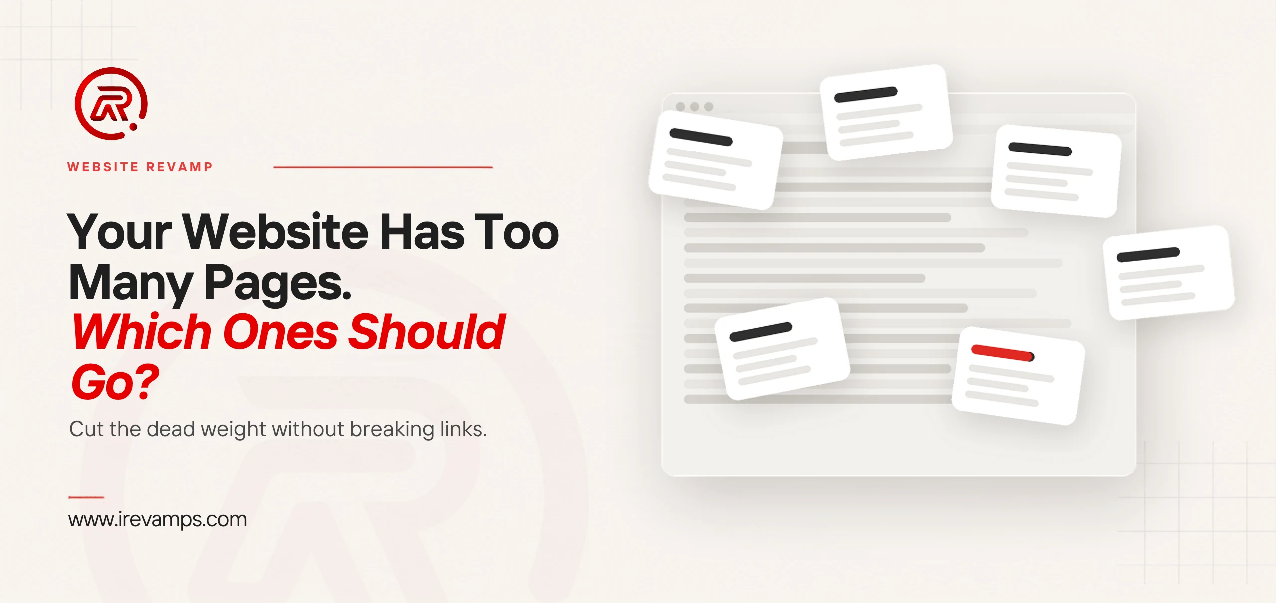 Too many pages on website title card with a flat illustration of a pale website page list almost buried under six small loose page cards scattered across it at angles, one of them carrying a scarlet bar