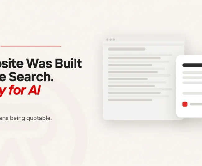 A faded page of ranked search results behind a single answer card that credits one source in red