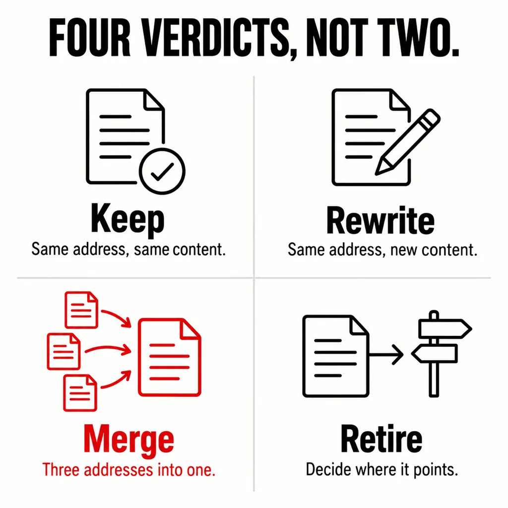 What Should You Keep From Your Old Website, and What Should Go? 6 A labelled two-by-two diagram headed FOUR VERDICTS, NOT TWO with quarters marked Keep captioned Same address, same content; Rewrite captioned Same address, new content; Merge captioned Three addresses into one, drawn in scarlet; and Retire captioned Decide where it points