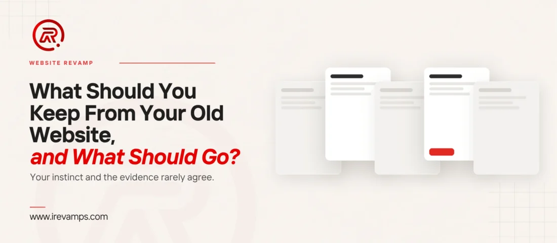 Website content audit before redesign title card with a flat illustration of five page cards standing in a row, three of them pale and set back and two brought forward and fully drawn, the right-hand forward card carrying a small scarlet button