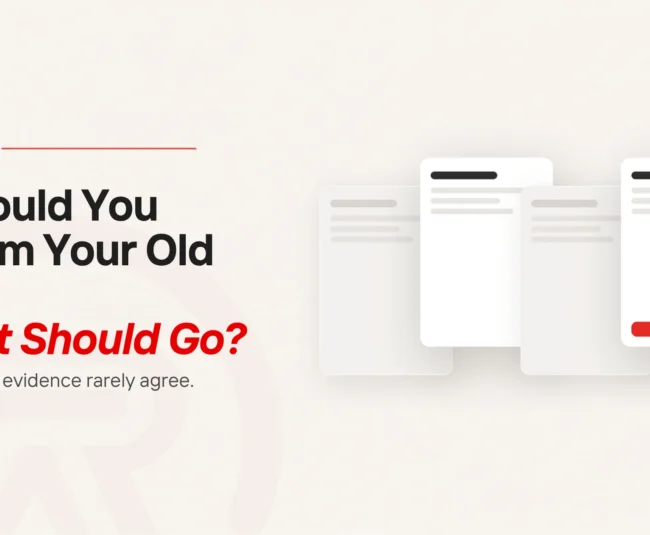 Website content audit before redesign title card with a flat illustration of five page cards standing in a row, three of them pale and set back and two brought forward and fully drawn, the right-hand forward card carrying a small scarlet button