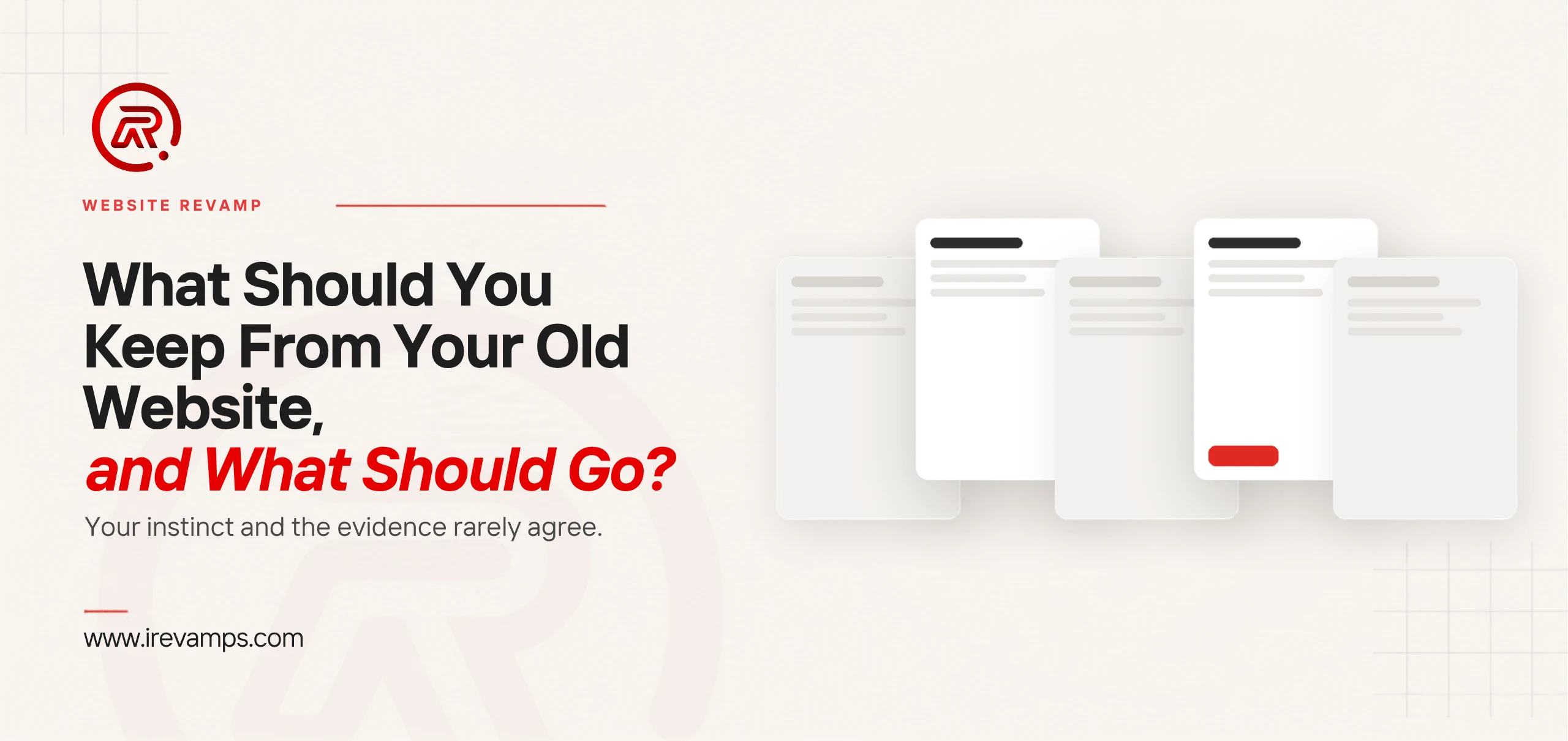 Website content audit before redesign title card with a flat illustration of five page cards standing in a row, three of them pale and set back and two brought forward and fully drawn, the right-hand forward card carrying a small scarlet button