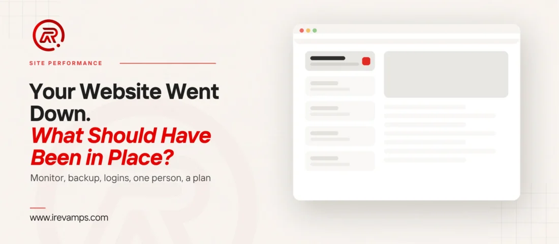 Website downtime title card with a flat illustration of a browser window listing five areas down its left side, only the first one filled in and marked with a scarlet tag while the four beneath it sit faded and empty