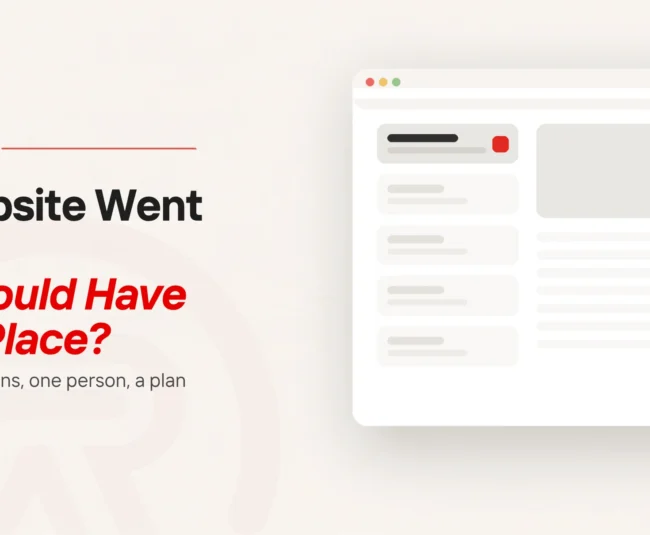 Website downtime title card with a flat illustration of a browser window listing five areas down its left side, only the first one filled in and marked with a scarlet tag while the four beneath it sit faded and empty