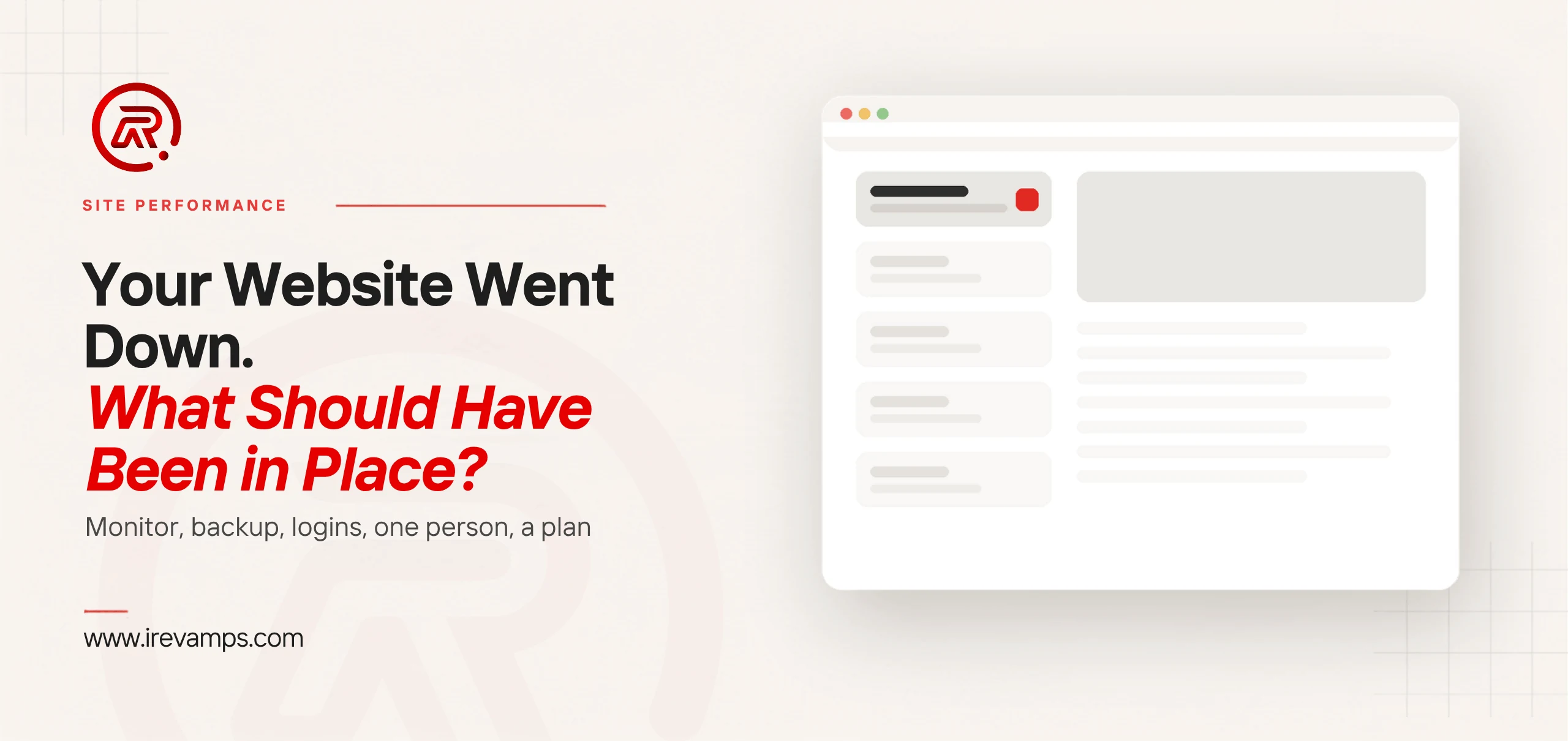 Website downtime title card with a flat illustration of a browser window listing five areas down its left side, only the first one filled in and marked with a scarlet tag while the four beneath it sit faded and empty