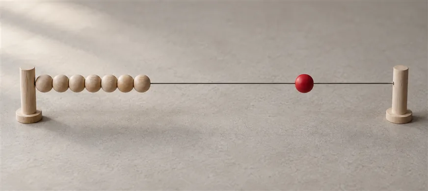Your Website Loads in Three Seconds. Is That Still Fast Enough? 5 A taut wire strung between two small pale wooden posts on a stone surface, threaded with seven plain pale beads pushed tight together at the left end and a single scarlet bead stopped on its own two thirds of the way along, a clear gap behind it