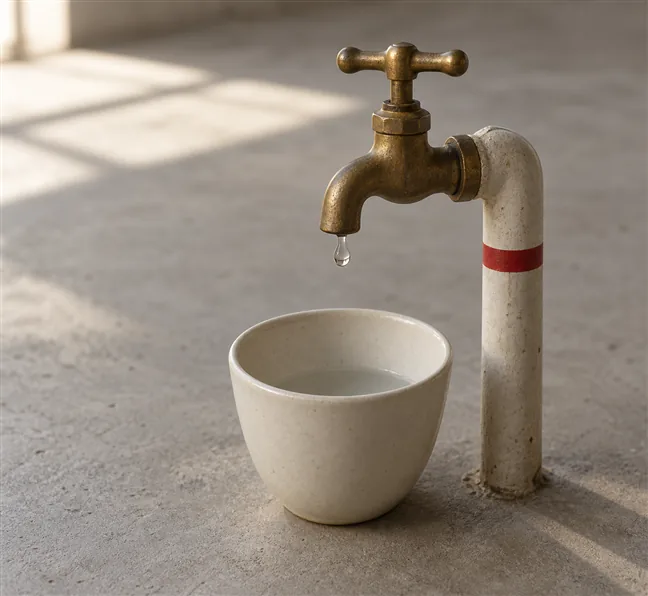 Your Website Loads in Three Seconds. Is That Still Fast Enough? 4 A brass tap with a cross handle fixed to an upright pale pipe on a concrete surface, a single drop of water falling from its spout into a plain cream ceramic bowl below that holds only a shallow pool, with a scarlet band wrapped around the pipe