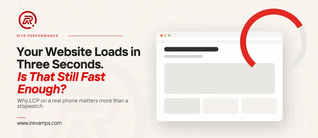 Website load time featured graphic: a web page still partly loaded, beside a progress ring most of the way round