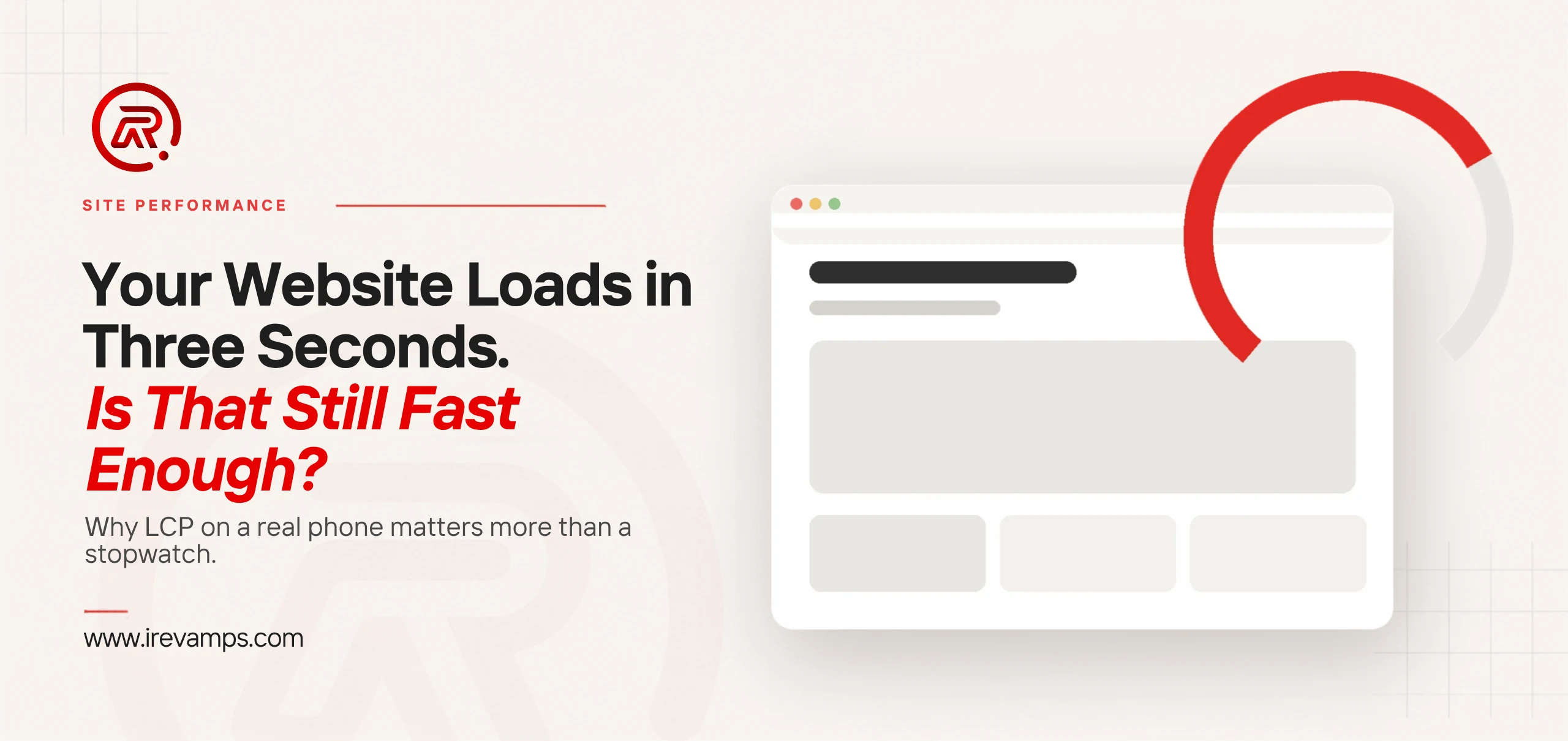 Website load time featured graphic: a web page still partly loaded, beside a progress ring most of the way round