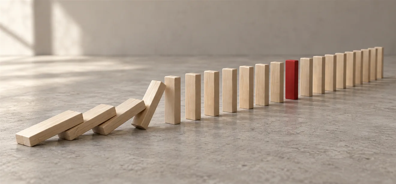 A long line of plain pale wooden blocks standing on a concrete surface, four at the left already toppled and leaning into one another with a fifth caught mid-fall, and one upright block further along the line painted scarlet, an illustration of website load time as one slow step holding up everything behind it