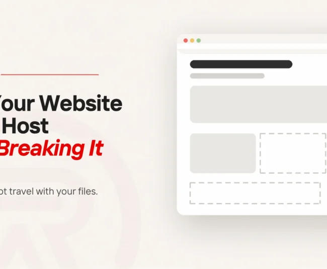 Website migration checklist title card with a flat illustration of a browser window whose heading and hero area are complete while two of the three blocks below it and a wide band at the foot are drawn only as empty dashed outlines, one small scarlet button beside them