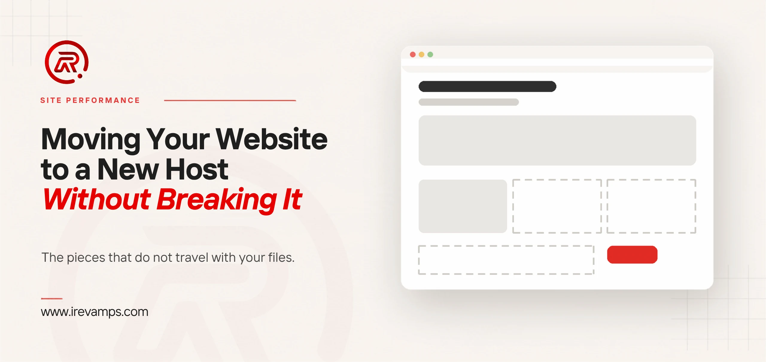 Website migration checklist title card with a flat illustration of a browser window whose heading and hero area are complete while two of the three blocks below it and a wide band at the foot are drawn only as empty dashed outlines, one small scarlet button beside them
