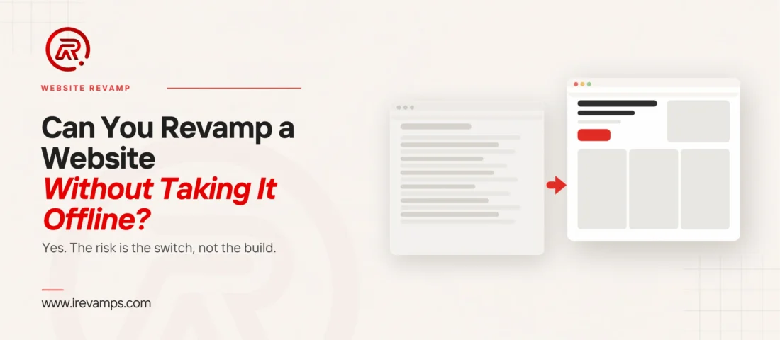 Website redesign without downtime title card with a flat illustration of two browser windows side by side, a muted text-heavy current site on the left and a crisp new layout carrying one scarlet button on the right, joined by a short scarlet arrow between them