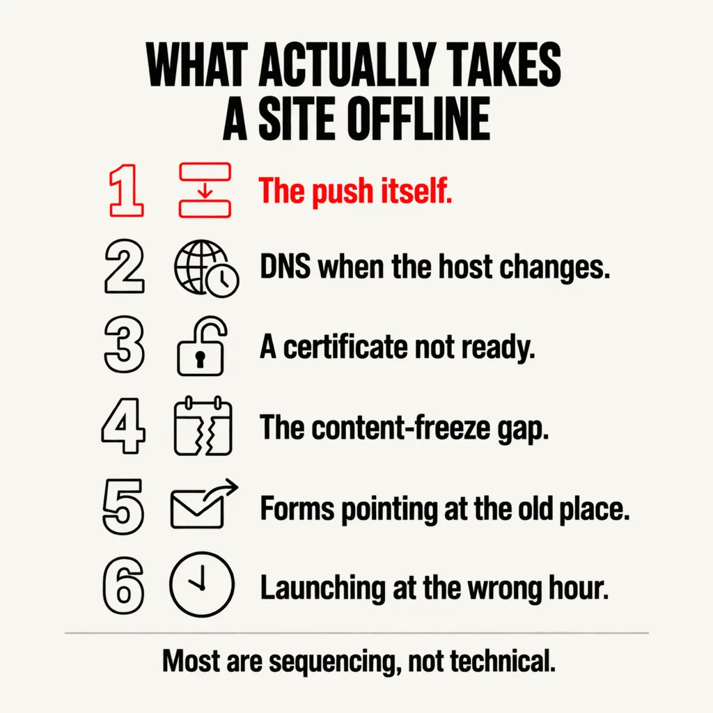 Can You Revamp a Website Without Taking It Offline? 6 A labelled diagram headed WHAT ACTUALLY TAKES A SITE OFFLINE listing six numbered causes — The push itself, DNS when the host changes, A certificate not ready, The content-freeze gap, Forms pointing at the old place and Launching at the wrong hour — with the first row in scarlet and a footer line reading Most are sequencing, not technical