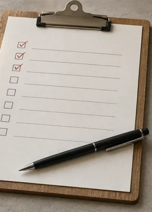 A wooden clipboard on a pale stone surface holding a page of ruled lines with small empty tick boxes, the top three marked in scarlet, a black pen resting across its lower half, an illustration of a website revamp checklist worked through in order
