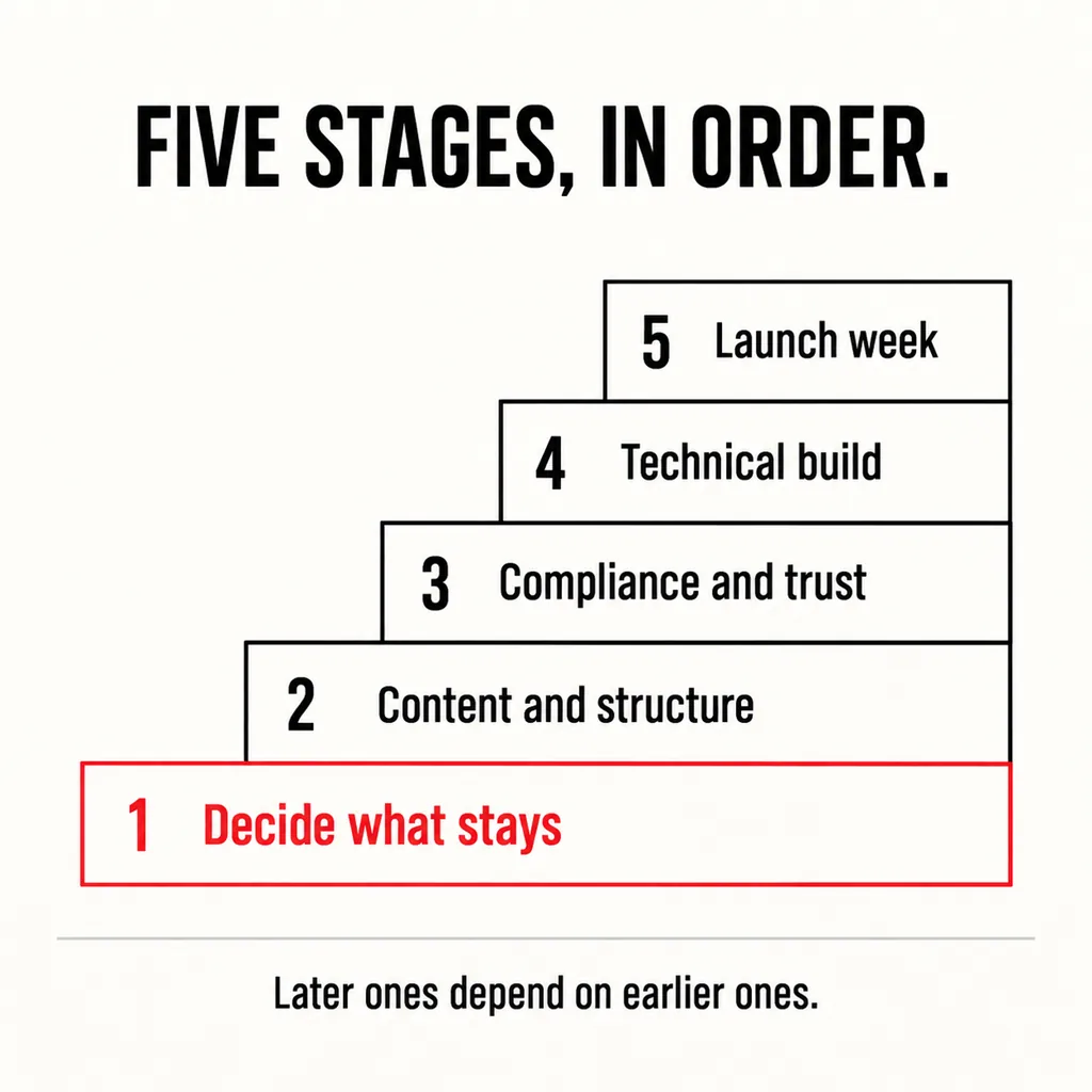 A labelled square diagram headed FIVE STAGES, IN ORDER showing five steps rising like a staircase, each a labelled block resting on the one below — Decide what stays in scarlet at the bottom, then Content and structure, Compliance and trust, Technical build and Launch week — above a footer line reading Later ones depend on earlier ones