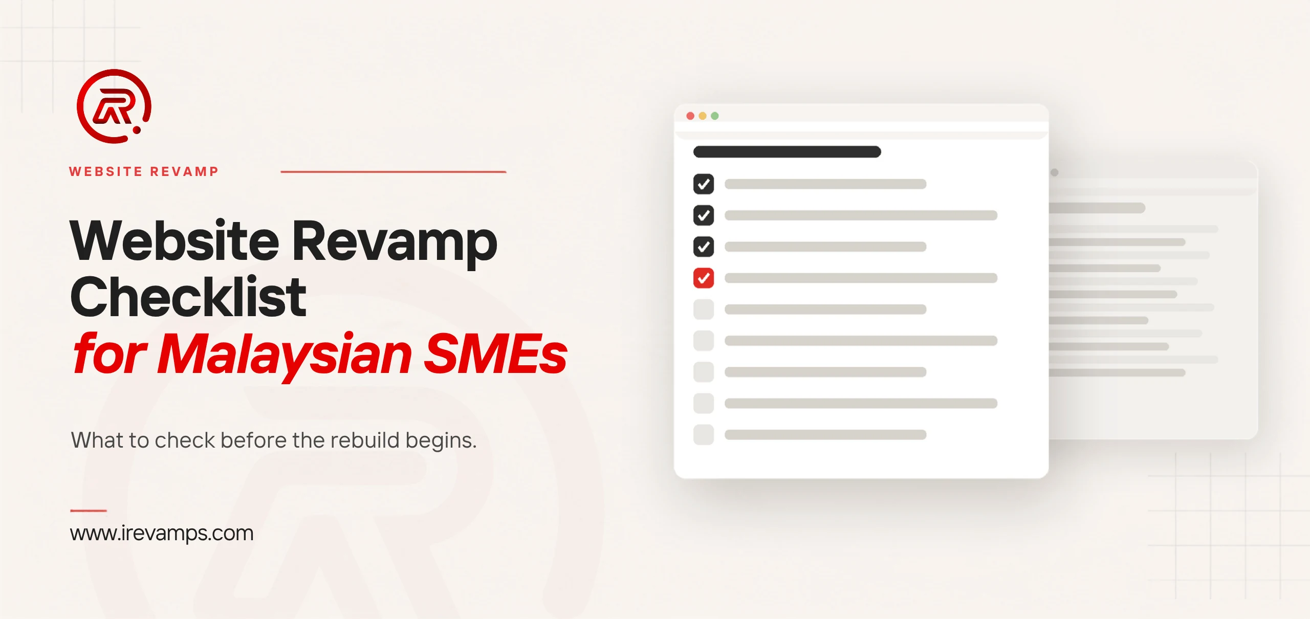 A website revamp checklist with the first items ticked and the next one marked in red