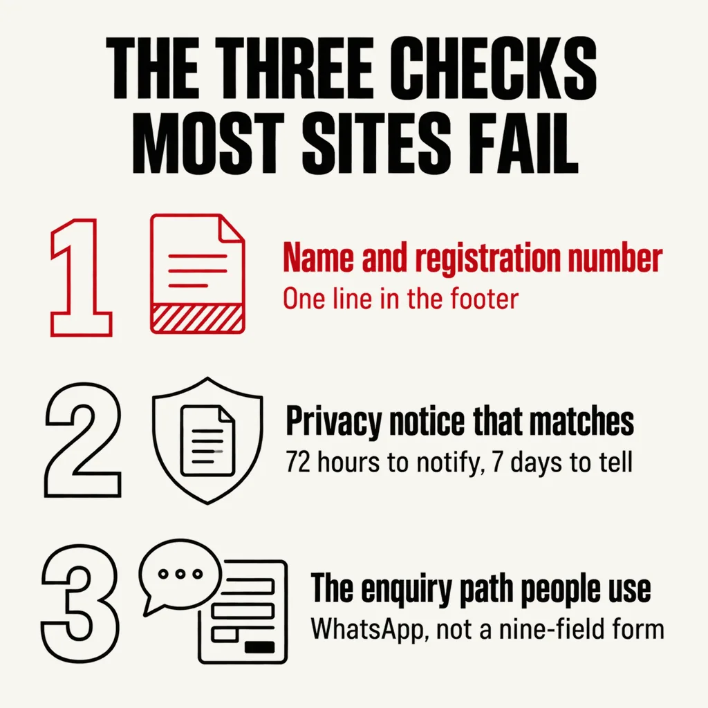 A labelled diagram headed THE THREE CHECKS MOST SITES FAIL listing Name and registration number captioned One line in the footer and drawn in scarlet, Privacy notice that matches captioned 72 hours to notify, 7 days to tell, and The enquiry path people use captioned WhatsApp, not a nine-field form