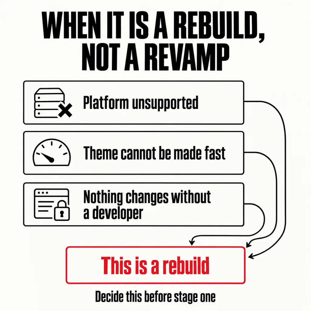 A labelled diagram headed WHEN IT IS A REBUILD, NOT A REVAMP with three stacked conditions — Platform unsupported, Theme cannot be made fast and Nothing changes without a developer — their arrows converging into a single scarlet panel reading This is a rebuild, above a footer line reading Decide this before stage one