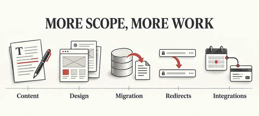 Website Revamp Cost in 2026: What Actually Affects the Price? 5 Five illustrated work areas in a custom website redesign: content, design, migration, redirects and integrations.