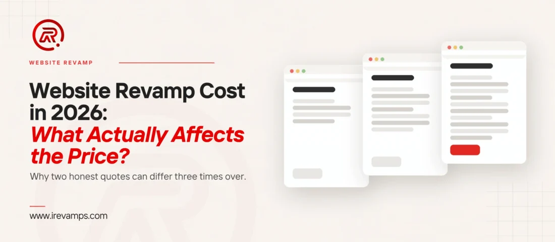 Website revamp cost featured graphic: three versions of the same page, each holding more content than the last, the fullest carrying a red button