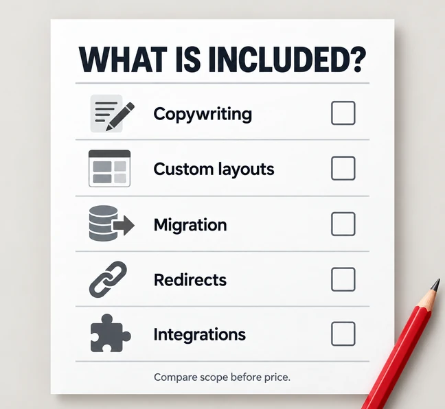 Website Revamp Cost in 2026: What Actually Affects the Price? 4 A quote-scope checklist asks whether copywriting, custom layouts, migration, redirects and integrations are included.