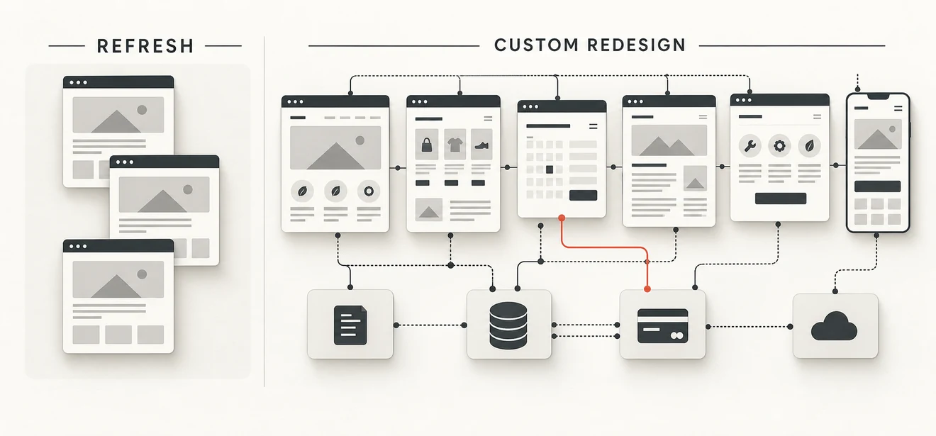 Website revamp cost comparison showing a simple template refresh beside custom layouts connected to content, database and payment components.