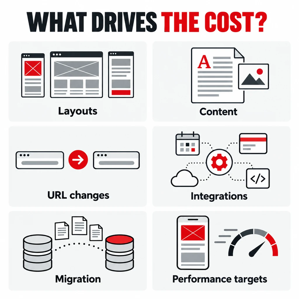 Website Revamp Cost in 2026: What Actually Affects the Price? 6 Six website revamp cost drivers shown in labelled panels: layouts, content, URL changes, integrations, migration and performance targets.