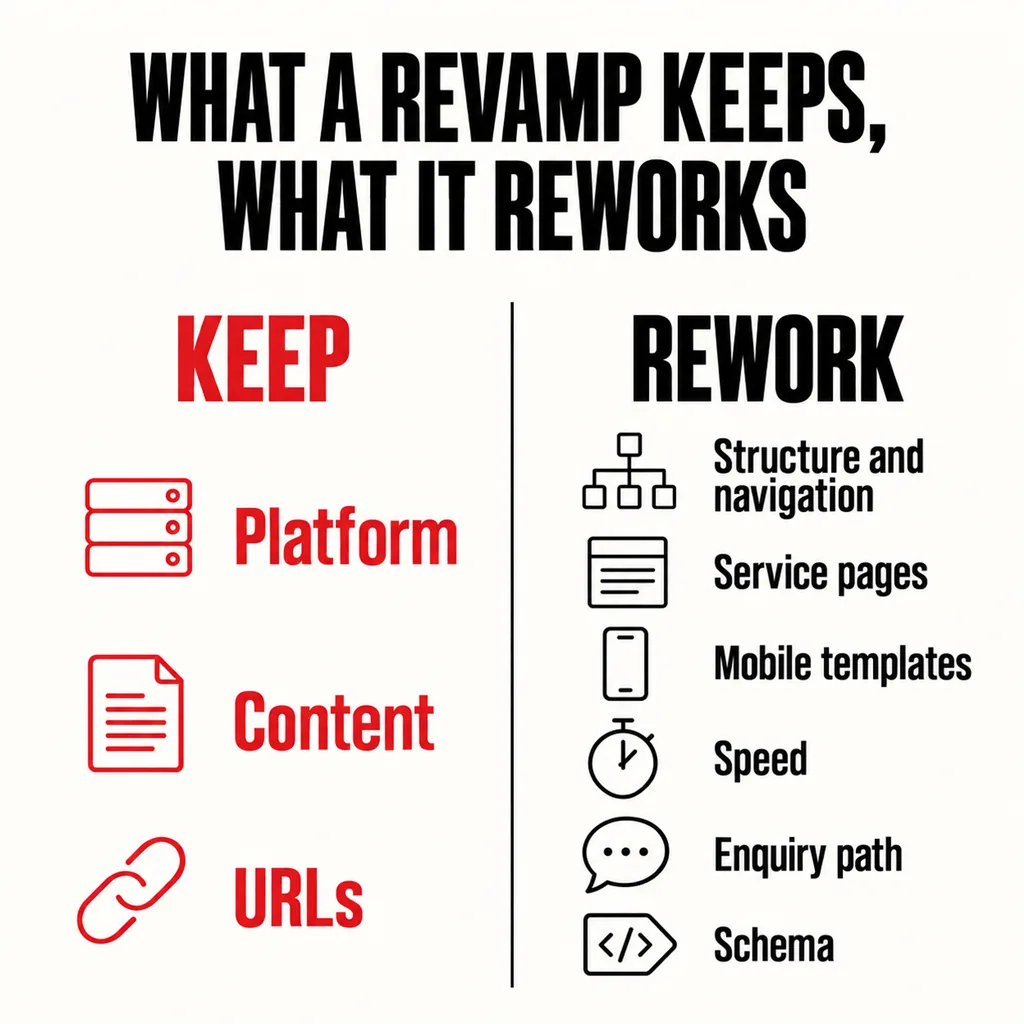 Website Revamp or Full Rebuild? How to Decide in 2026 6 A labelled square diagram headed WHAT A REVAMP KEEPS, WHAT IT REWORKS with a scarlet KEEP column listing Platform, Content and URLs beside a black REWORK column listing Structure and navigation, Service pages, Mobile templates, Speed, Enquiry path and Schema