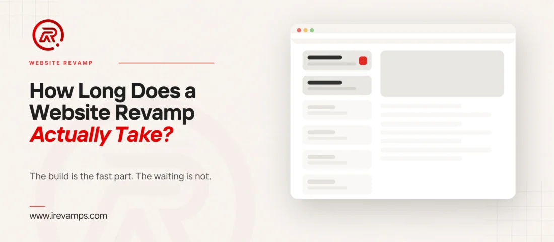 Website revamp timeline title card with a flat illustration of a web page listing six project stages, the top two filled in and the first carrying a scarlet marker, while the remaining four stay pale and unstarted