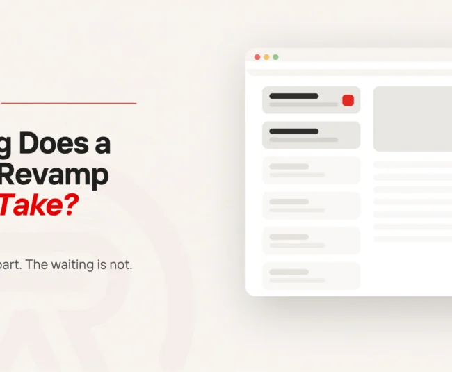 Website revamp timeline title card with a flat illustration of a web page listing six project stages, the top two filled in and the first carrying a scarlet marker, while the remaining four stay pale and unstarted