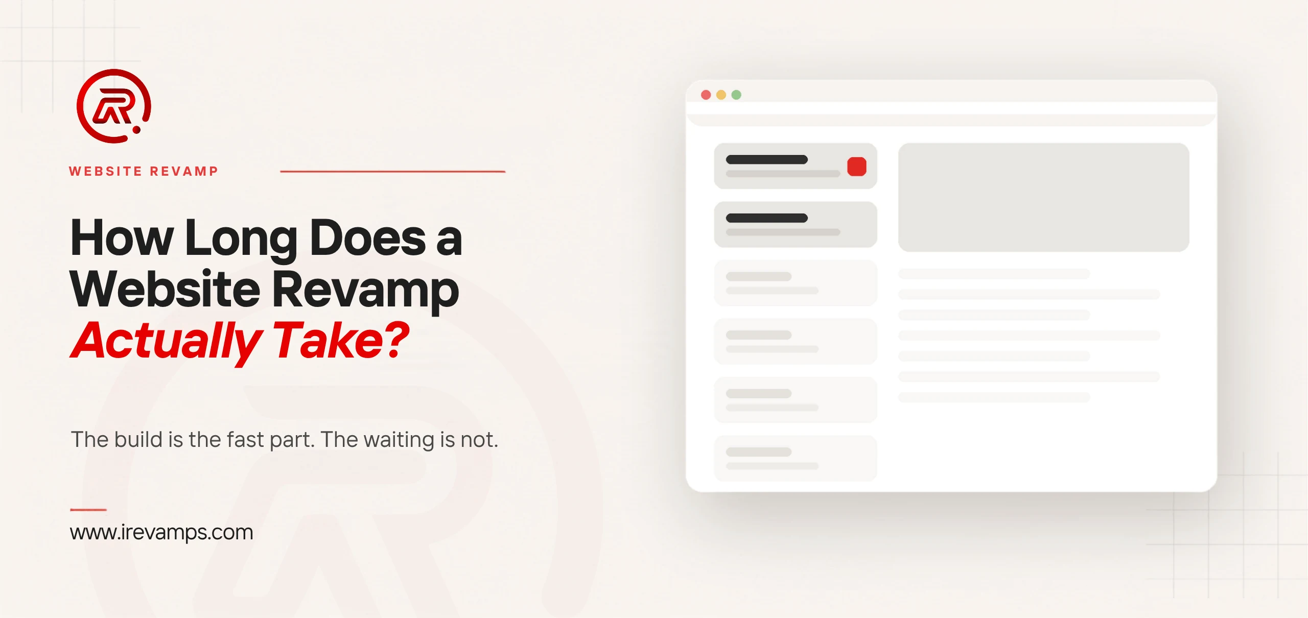 Website revamp timeline title card with a flat illustration of a web page listing six project stages, the top two filled in and the first carrying a scarlet marker, while the remaining four stay pale and unstarted