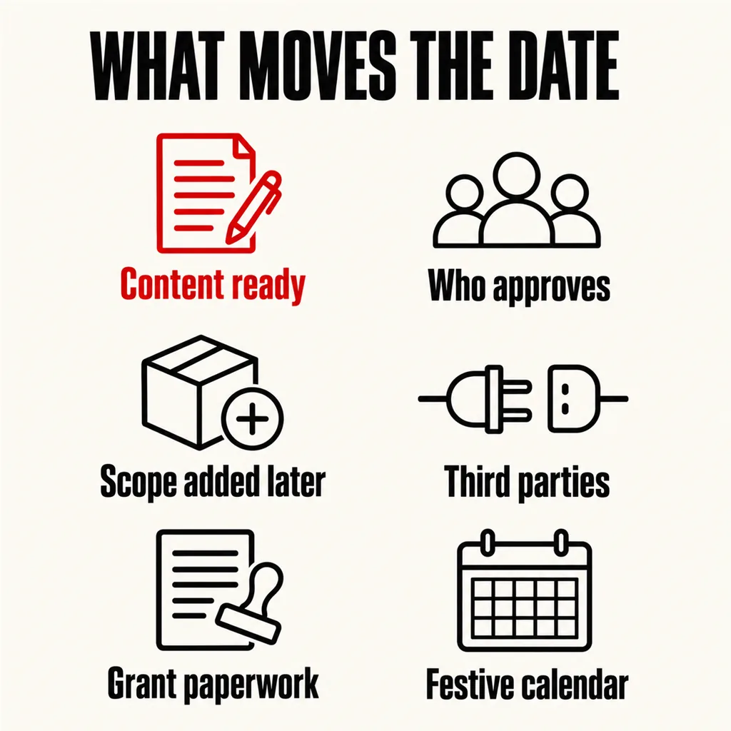 How Long Does a Website Revamp Actually Take? 6 A labelled two-by-three grid headed what moves the date, naming the six things that change a website revamp schedule: content ready, number of approvers, scope added later, third parties, grant paperwork and the festive calendar, with content ready marked in scarlet as the heaviest
