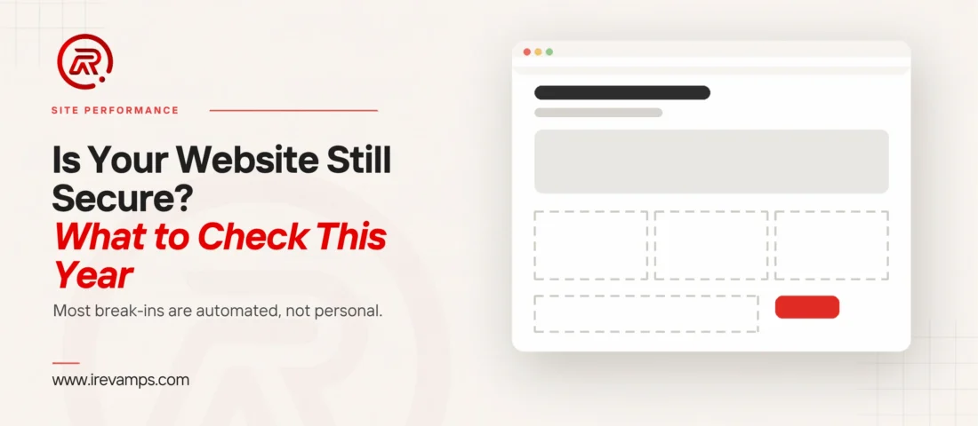 Website security checklist title card with a flat illustration of a browser window whose heading and hero area are fully drawn while the three blocks below them and a wide band at the foot are only empty dashed outlines, one small scarlet button beside them