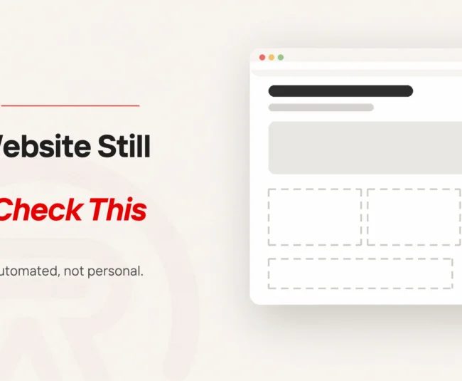 Website security checklist title card with a flat illustration of a browser window whose heading and hero area are fully drawn while the three blocks below them and a wide band at the foot are only empty dashed outlines, one small scarlet button beside them