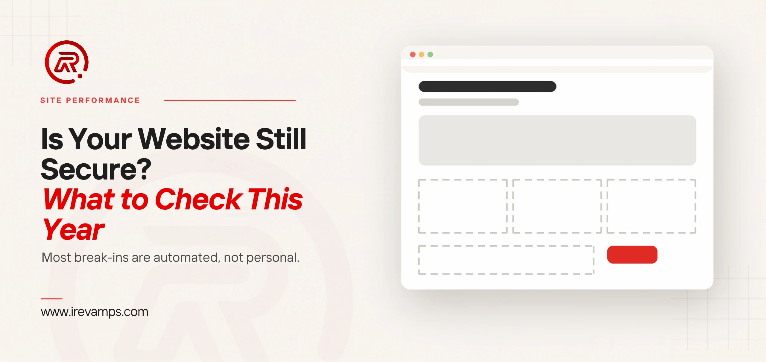 Website security checklist title card with a flat illustration of a browser window whose heading and hero area are fully drawn while the three blocks below them and a wide band at the foot are only empty dashed outlines, one small scarlet button beside them