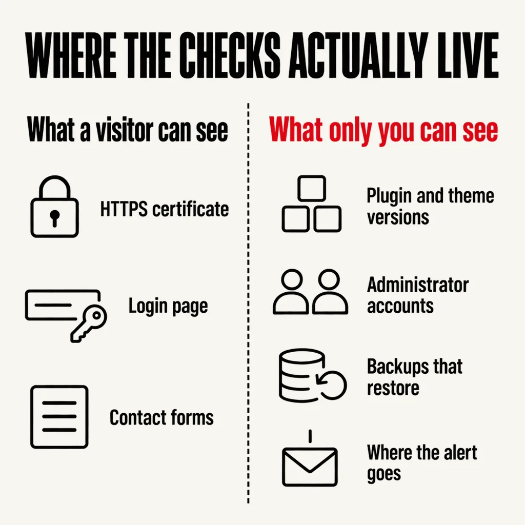 Is Your Website Still Secure? What to Check This Year 6 A labelled square diagram headed WHERE THE CHECKS ACTUALLY LIVE, split by a vertical dashed rule into a left column headed What a visitor can see listing HTTPS certificate, Login page and Contact forms, and a scarlet-headed right column reading What only you can see listing Plugin and theme versions, Administrator accounts, Backups that restore and Where the alert goes
